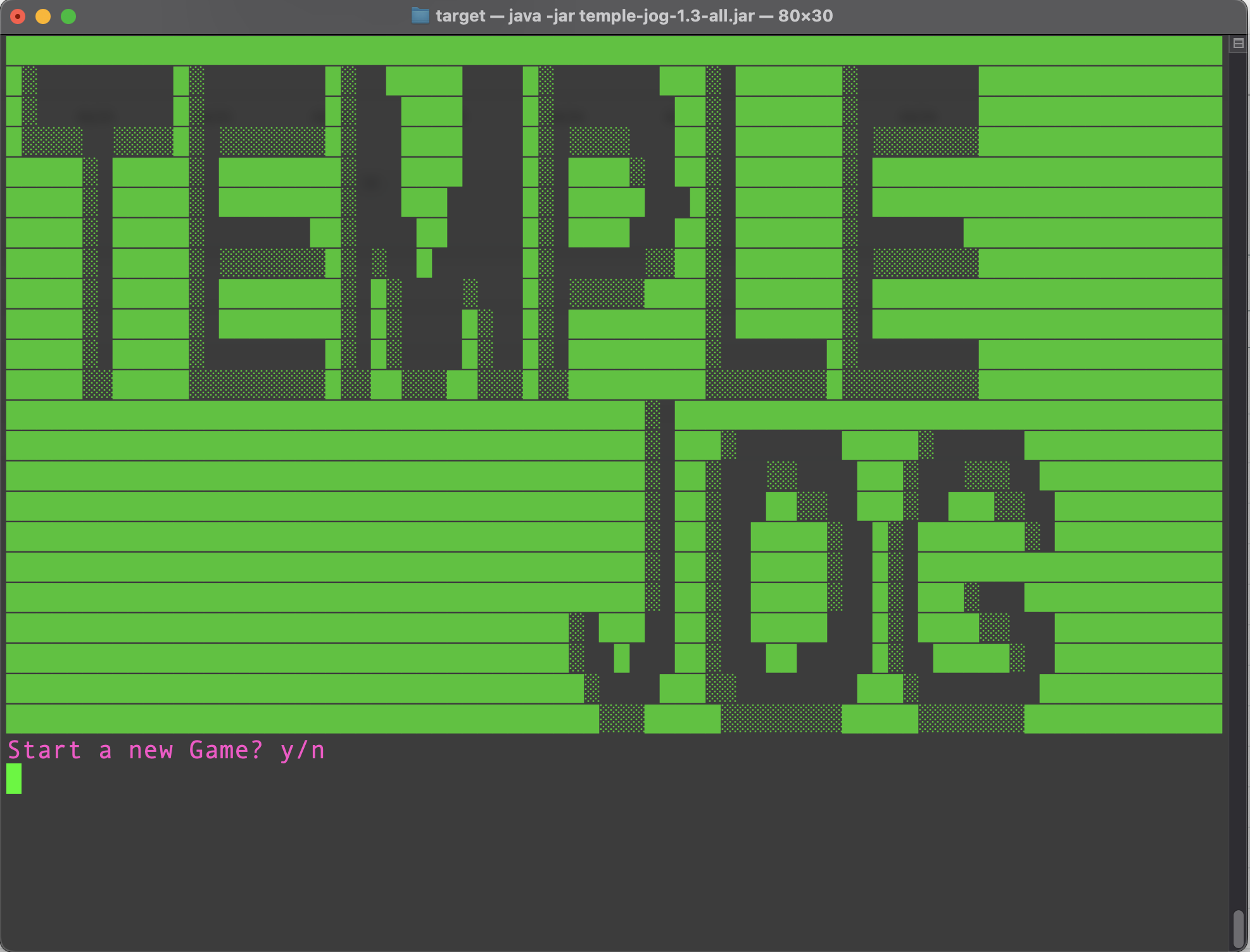 Screen capture of the title screen for Temple Jog: A text based adventure